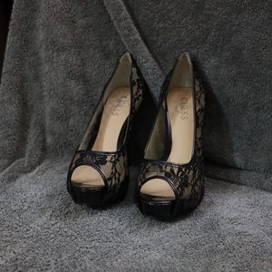 Black Guess Lace Platform Open-Toed Heels